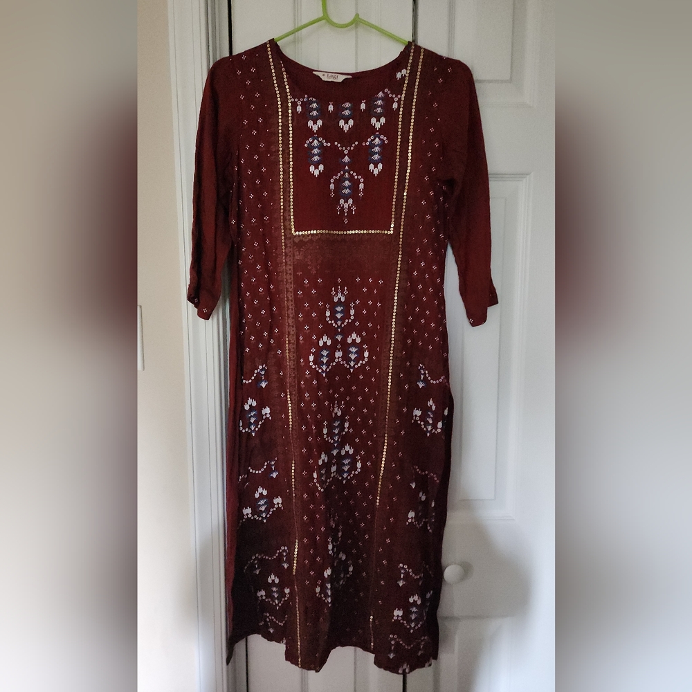 Embroidered Maroon Long Sleeve Dress